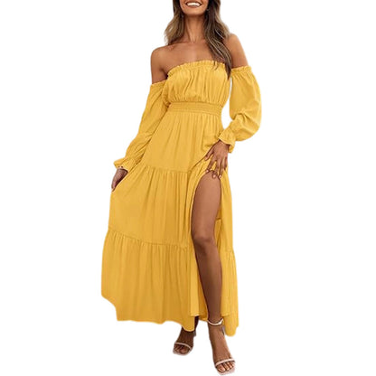 Damesjurk met hoge taille en blote schouders