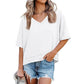 Dames-top met halflange mouwen, V-hals en patchworkzoom