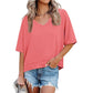 Dames-top met halflange mouwen, V-hals en patchworkzoom