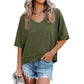 Dames-top met halflange mouwen, V-hals en patchworkzoom