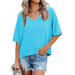 Dames-top met halflange mouwen, V-hals en patchworkzoom