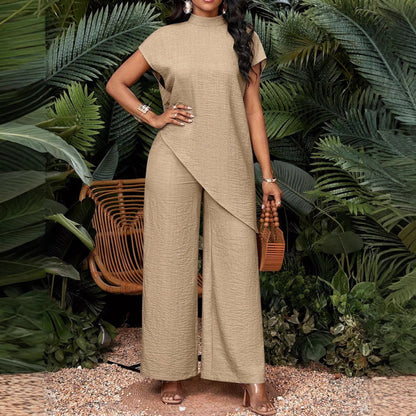 Tweedelig damesvakantieset met effen top met asymmetrische zoom en broek